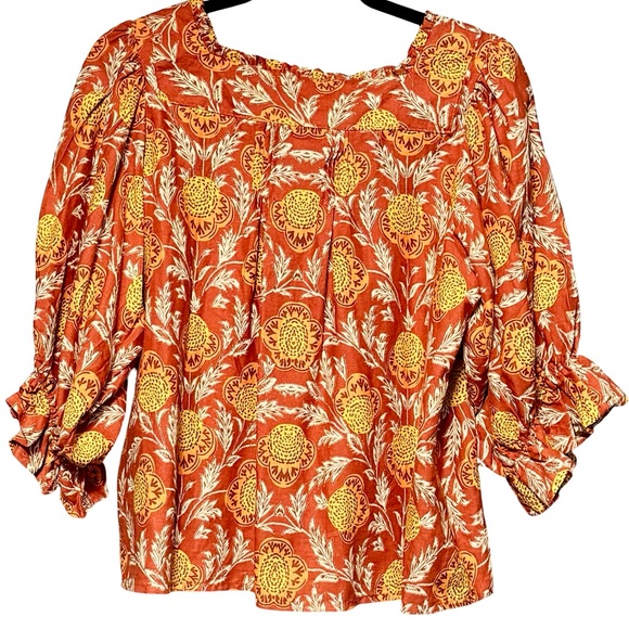 Rachel Zoe Linen Puff Sleeve Button Front Ruffle Square Neckline Blouse Medium - Picture 7 of 12